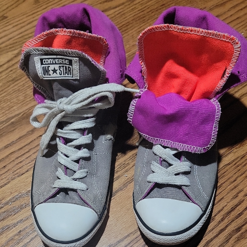 Converse RARE Double Tongue Gray And Purple High Top Sneakers Size 7 Womens, 5 M